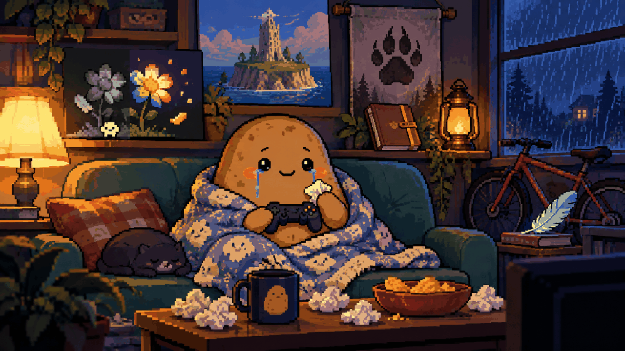 Batata emocionado no sofá com controle e símbolos de jogos sobre luto em pixel art
