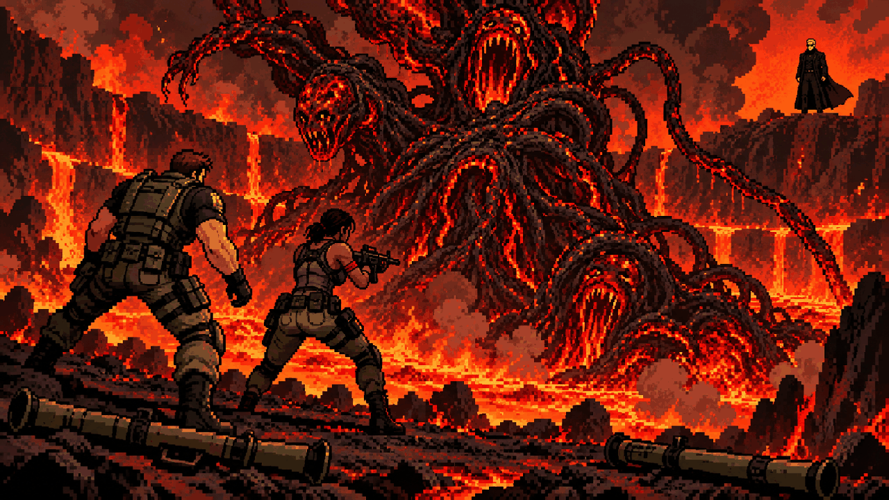 Chris e Sheva enfrentando Uroboros em um vulcão