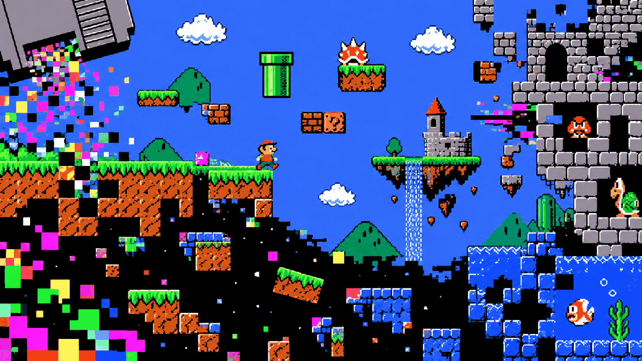Jogo de plataforma quebrado com mapas fora do lugar e regras esquecidas em pixel art