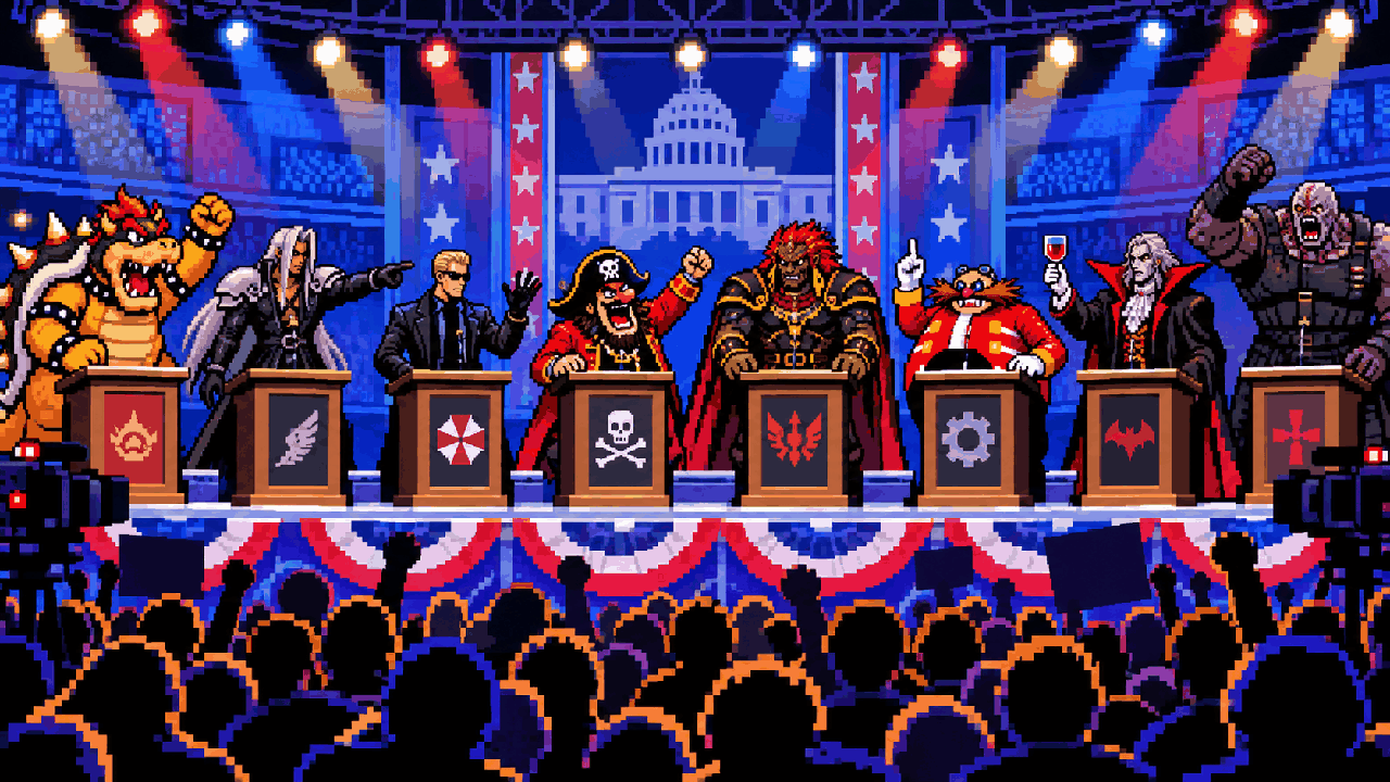Debate presidencial fictício com vários vilões dos games