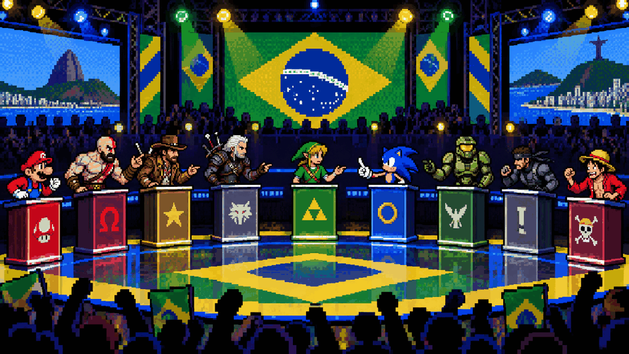Vários personagens de games reunidos em um palco de debate com luzes coloridas em pixel art