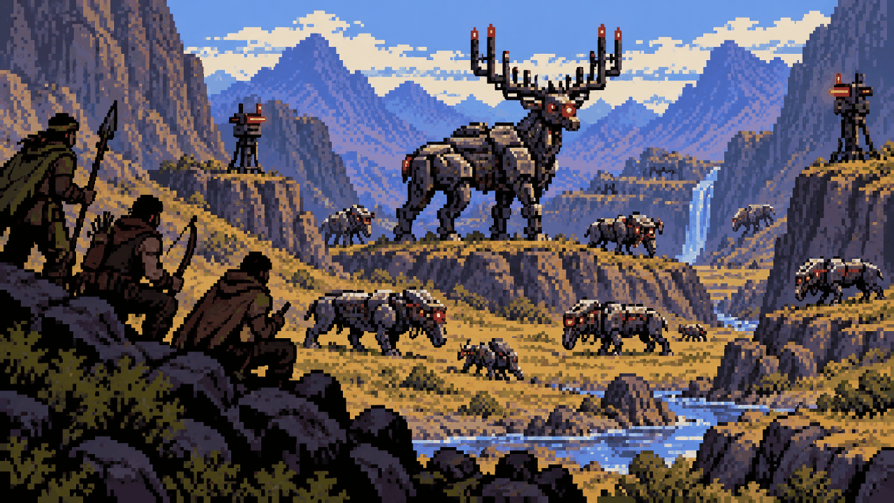Fábrica de máquinas protegida enquanto humanos caçam criaturas em pixel art