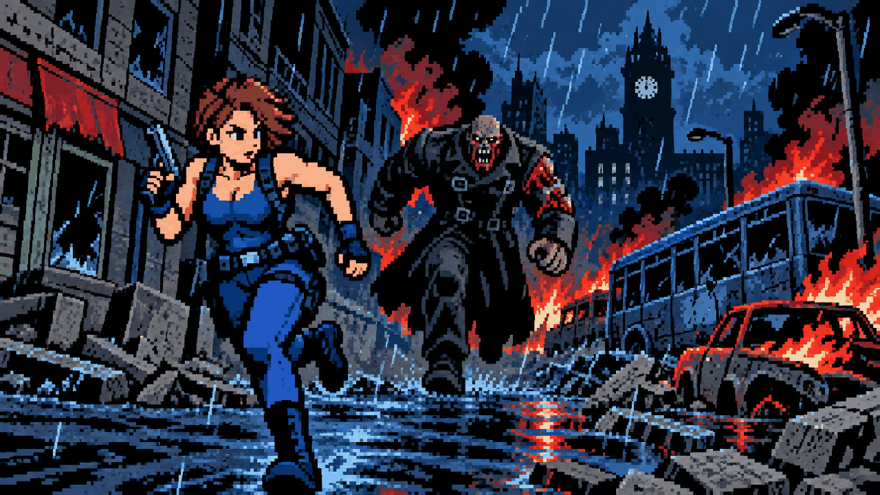 Jill Valentine fugindo de Nemesis por Raccoon City