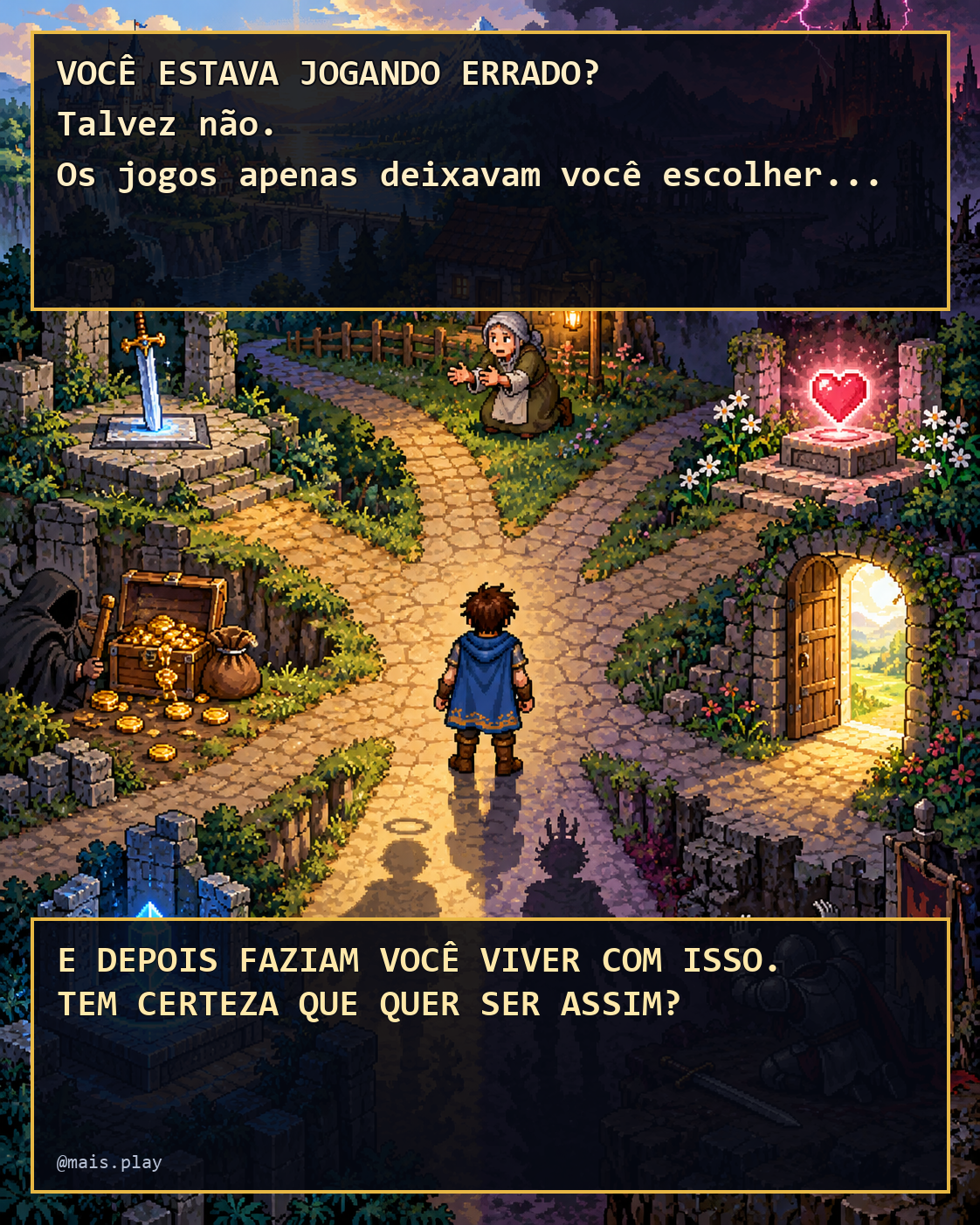 Personagem diante de escolhas sem uma resposta correta