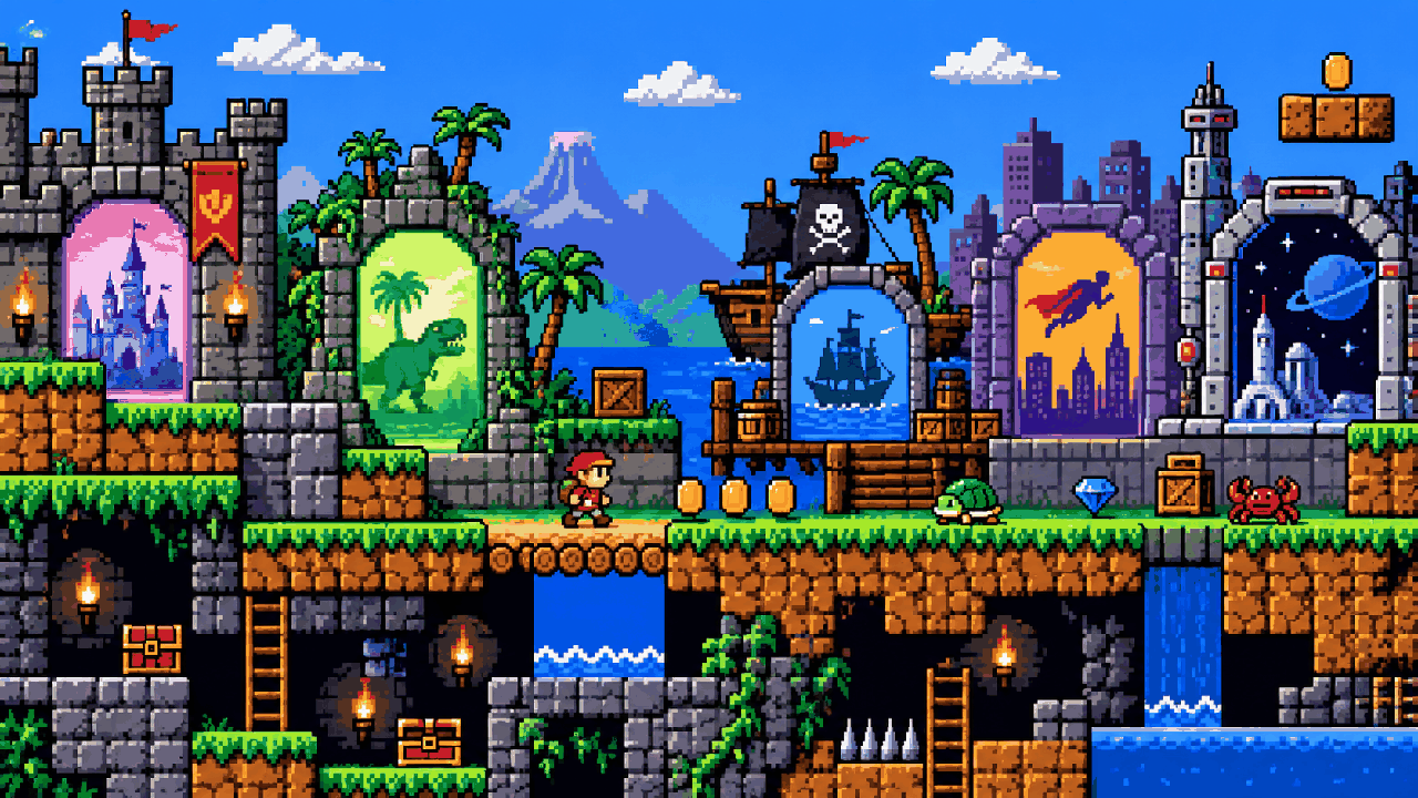 Mundo de blocos com portais para varias aventuras em pixel art