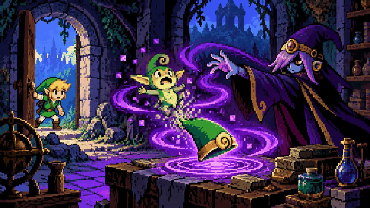 Vaati transforma Ezlo em um chapéu verde diante de um laboratório Minish em pixel art