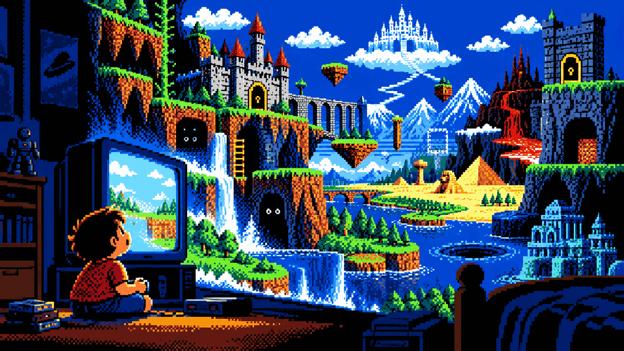 Mundo de videogame saindo da TV com portas trancadas em pixel art