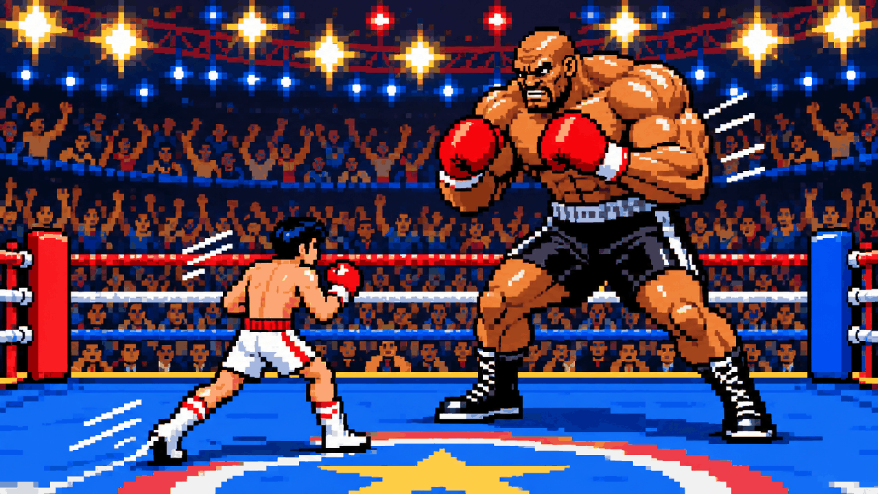 Campeão de boxe em ringue de arcade enfrentando um desafiante menor em pixel art