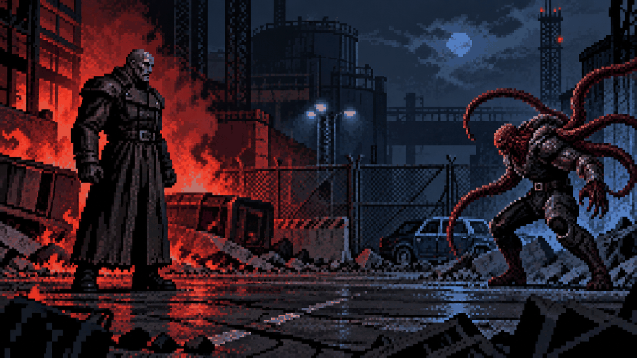 Mr. X e Nemesis aparecem como armas biológicas diferentes em uma rua destruída em pixel art