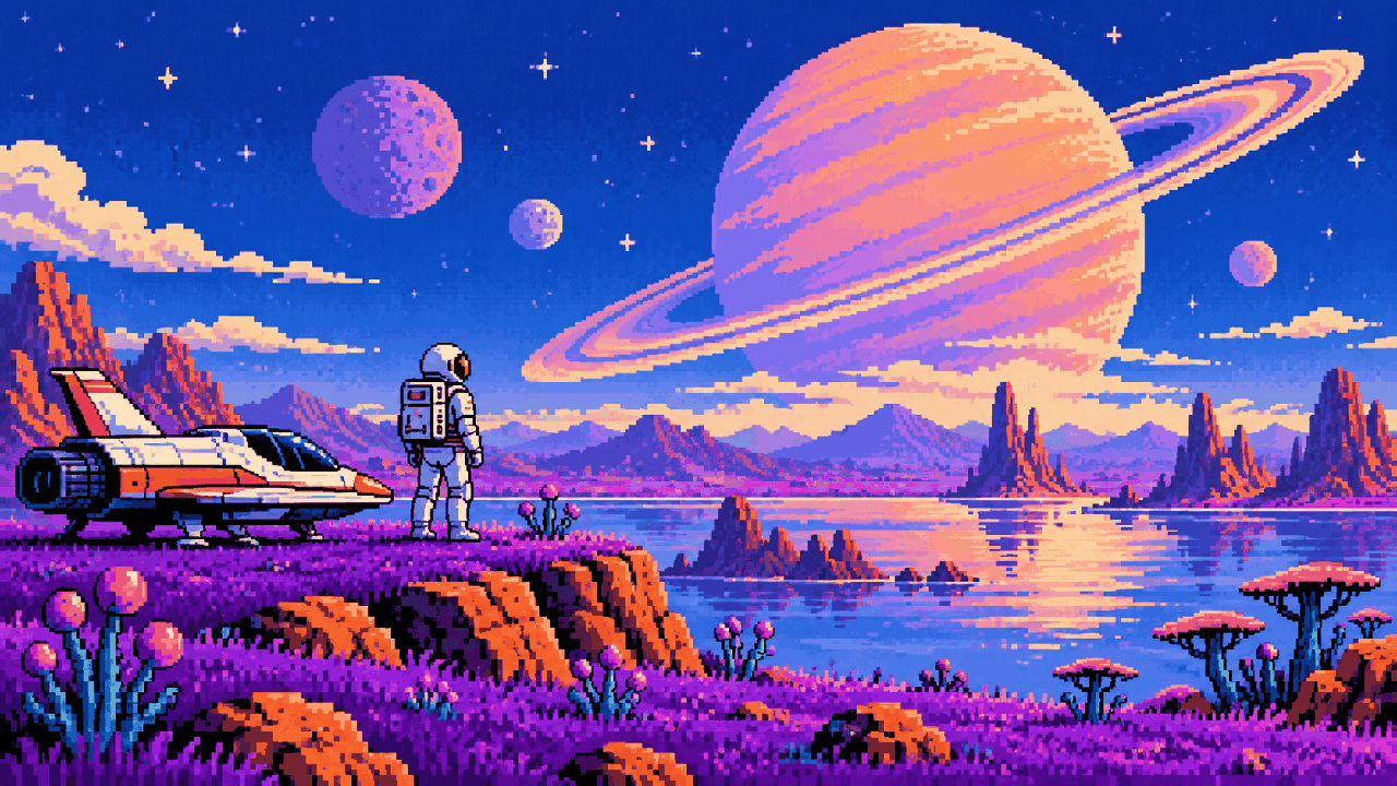 Explorador em planeta alienígena inspirado em No Man's Sky em pixel art