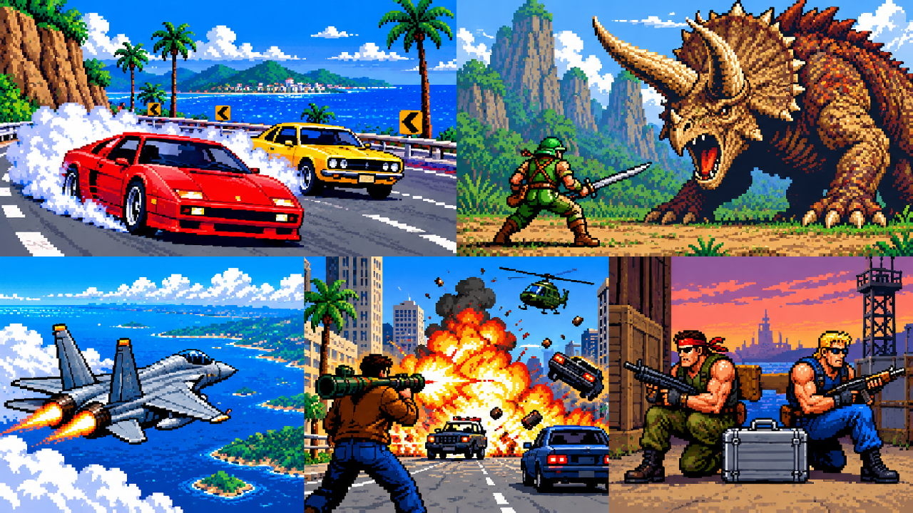 Montagem com corrida, caca a monstros, aviacao e acao em jogos que cresceram depois