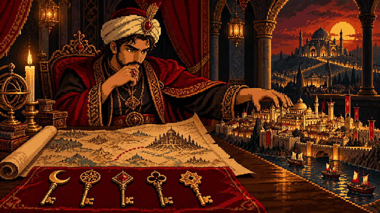 Ahmet estudando as cinco chaves e um mapa do Grande Templo