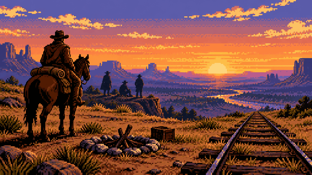 Cowboy diante do fim de uma era com trilhos, fogueira e nascer do sol em pixel art