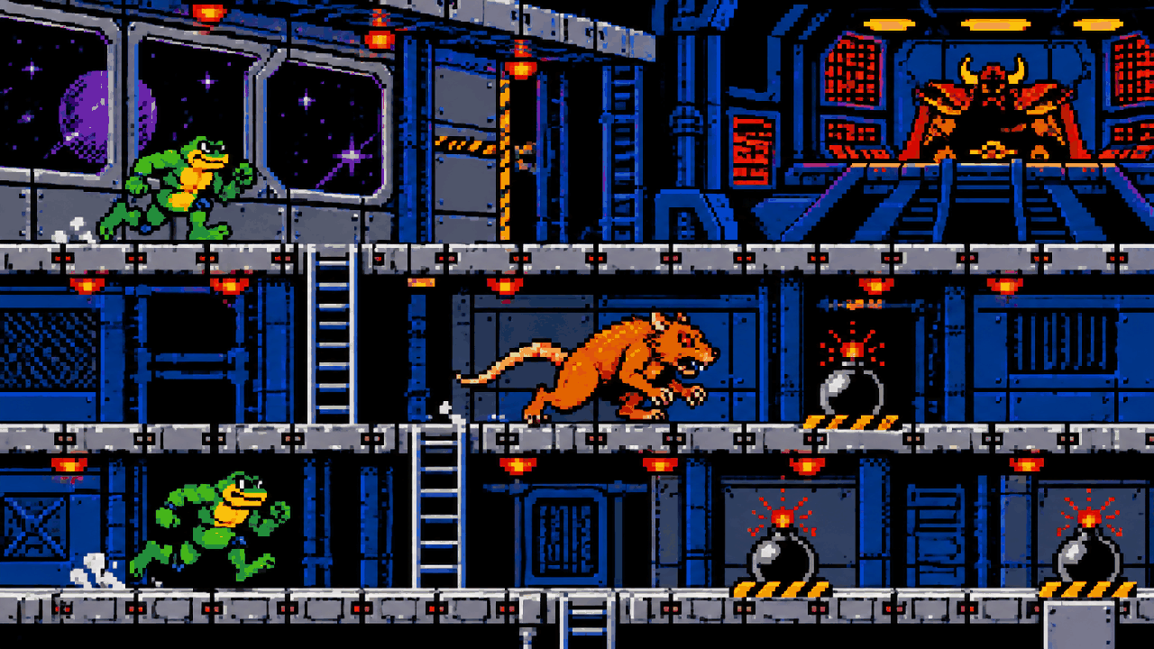 Rat Race com Battletoads perseguindo Giblet até bombas dentro da Gargantua