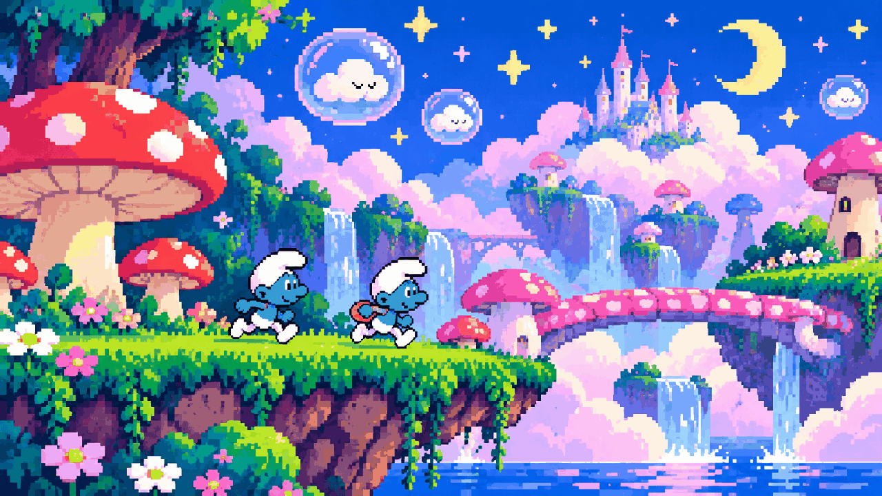 Mundo azul de fantasia inspirado em Smurfs Dreams em pixel art