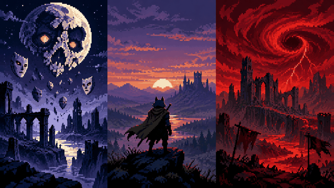 Três silhuetas mostram uma lua caindo, um herói lobo e um reino em ruínas em pixel art