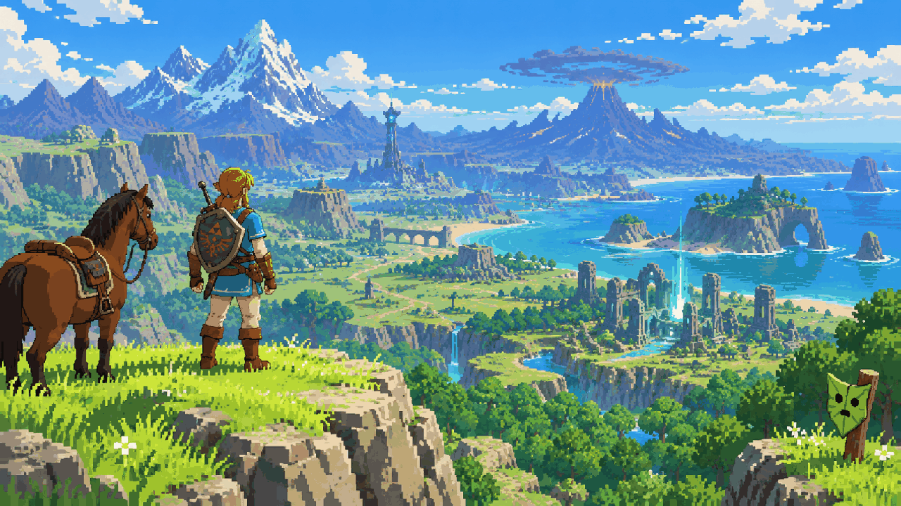 Aventureiro observando um horizonte aberto com montanhas e ruínas em pixel art