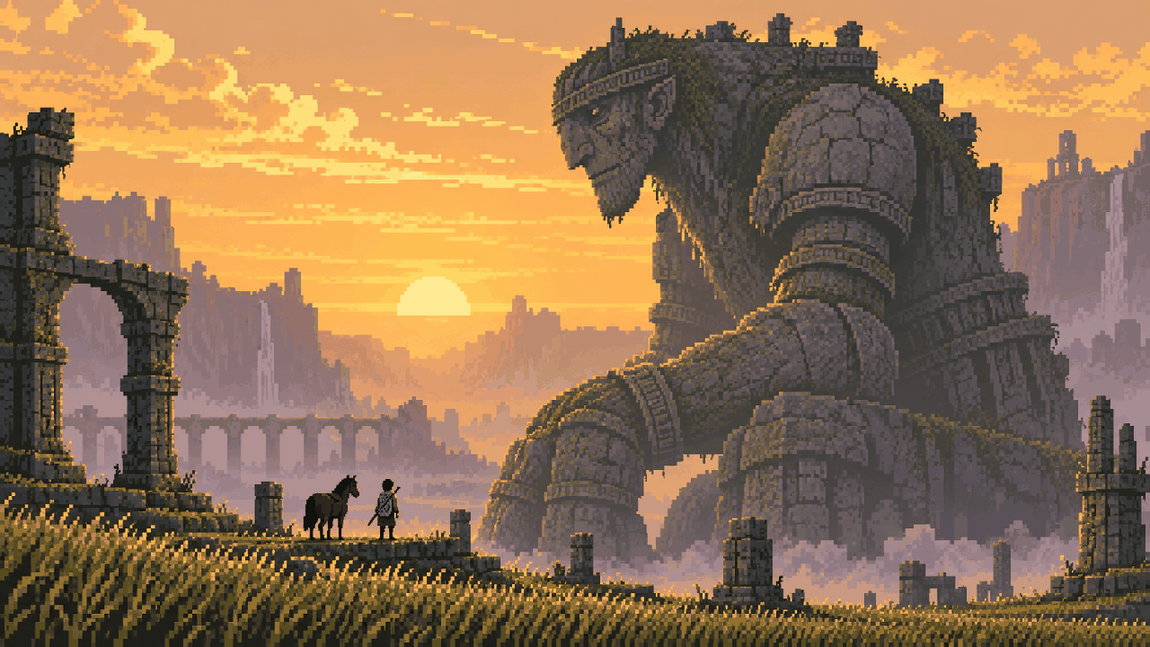 Wander e um colosso sob a luz do amanhecer