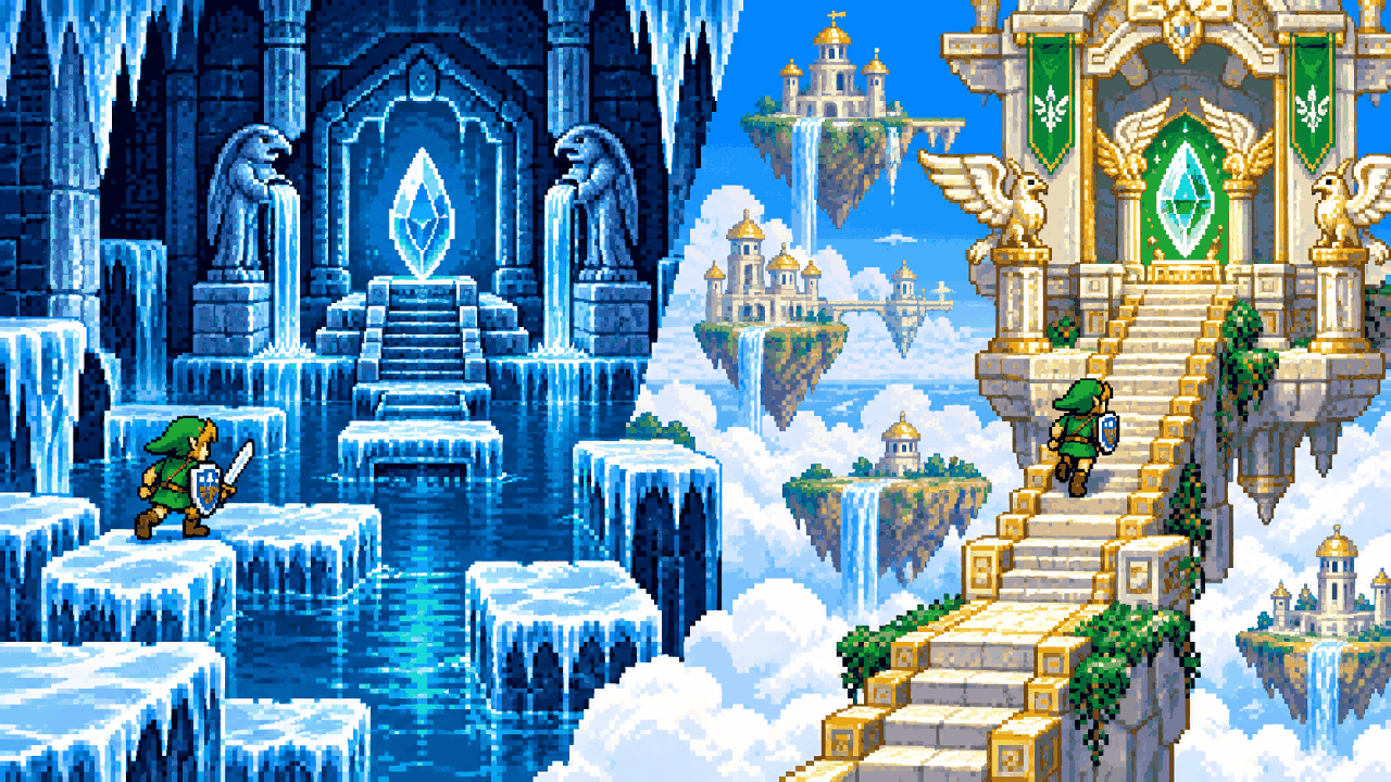 Link explora o Temple of Droplets e o Palace of Winds entre gelo e nuvens em pixel art
