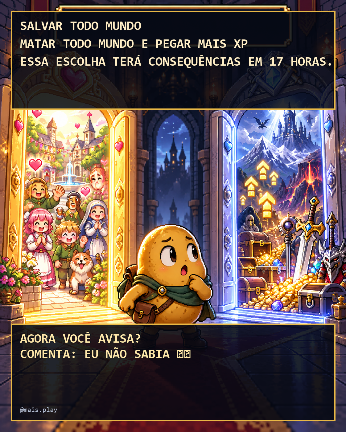 Batata diante de duas portas de RPG com uma caixa de mensagem tardia