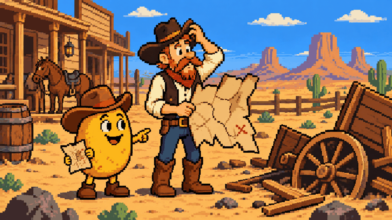Batata de cowboy ao lado de um mapa enorme e um plano quebrado em pixel art