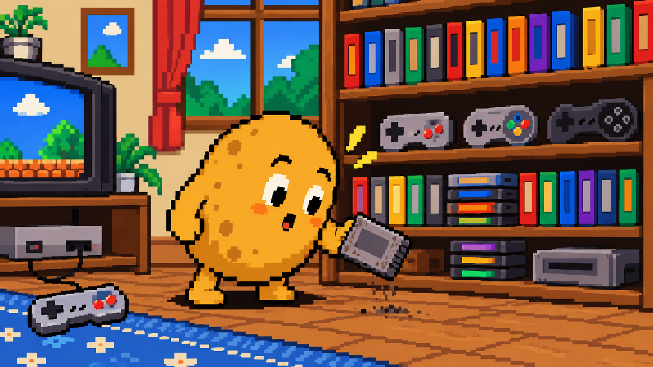 Mascote Batata encontra cartucho antigo esquecido diante de uma estante de jogos