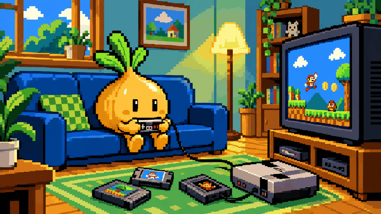 Mascote de batata jogando videogame em uma sala colorida com papéis e cartuchos em pixel art