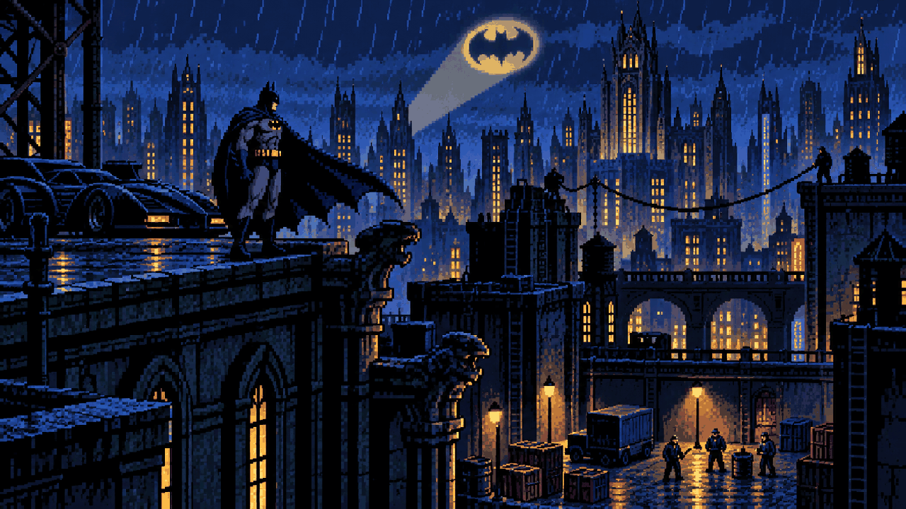 Batman patrulhando Gotham sob chuva em pixel art