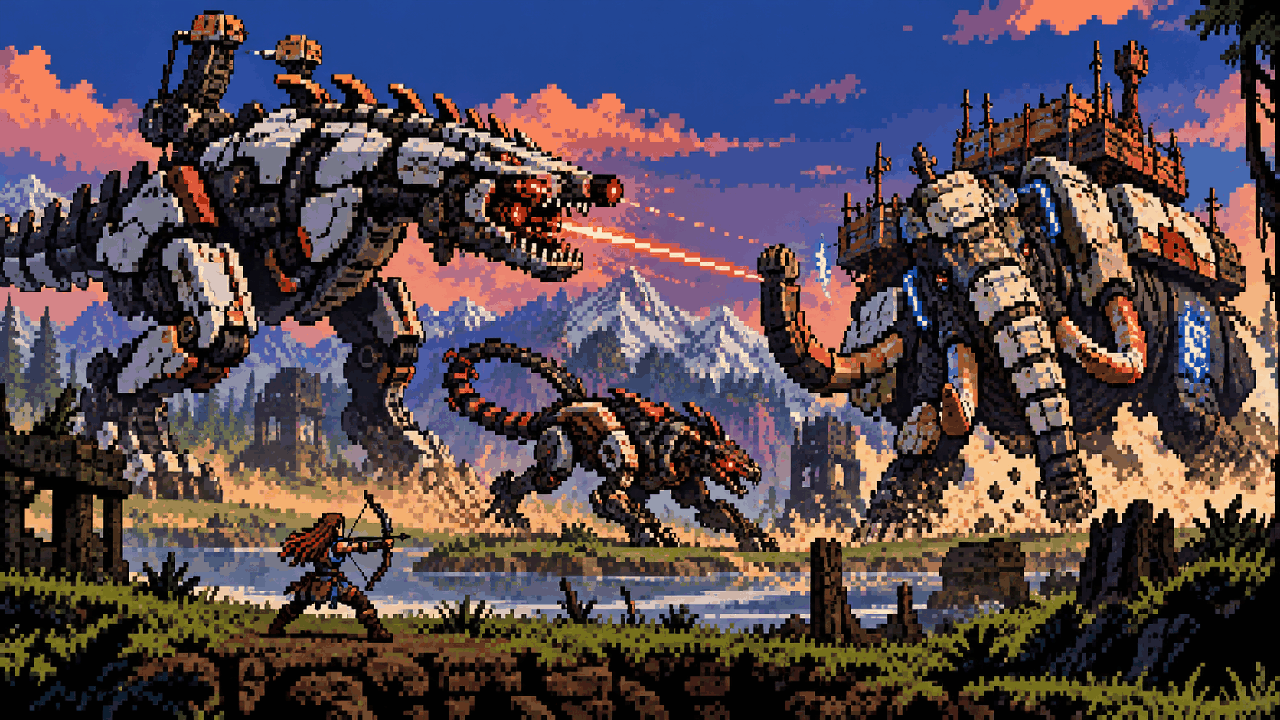 Máquinas territoriais e agressivas observando caçadores em uma paisagem rochosa em pixel art