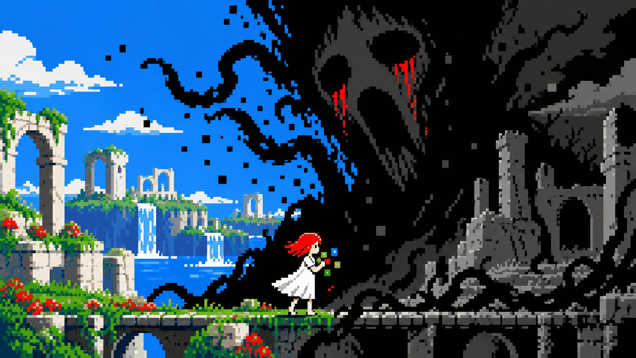 Escuridao retornando sobre mundo colorido em pixel art