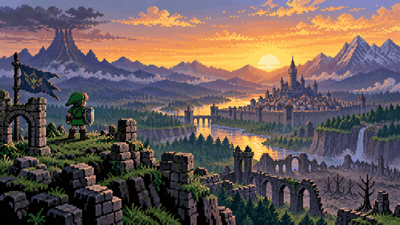 Link observa a luz do amanhecer sobre uma Hyrule que sobreviveu à noite em pixel art
