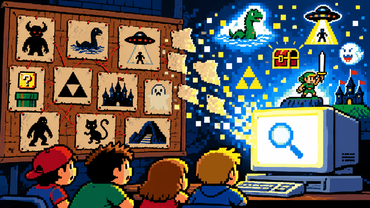 Computador antigo revelando rumores de videogame em pixel art