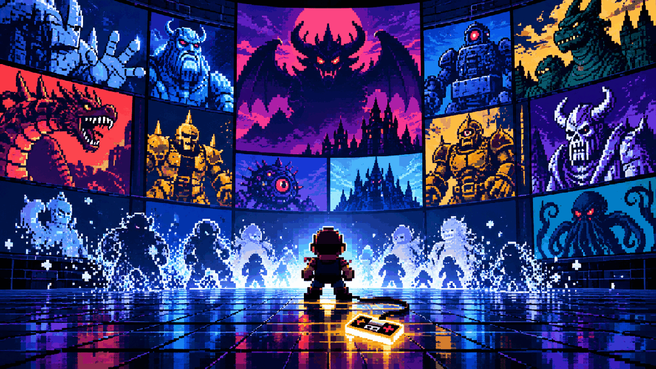 Jogador diante de uma tela de arcade com silhuetas de chefes inesquecíveis em pixel art