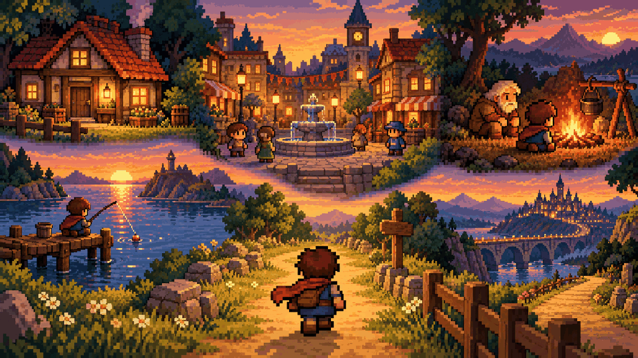Colagem de casa, estrada, fogueira e personagens lembrados de jogos em pixel art