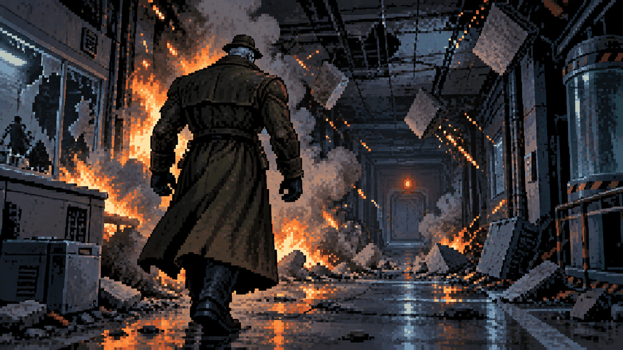 Mr. X atravessa explosões e destroços sem interromper sua caminhada em pixel art