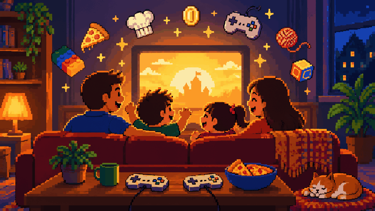 Família lembrando momentos de coop local em pixel art