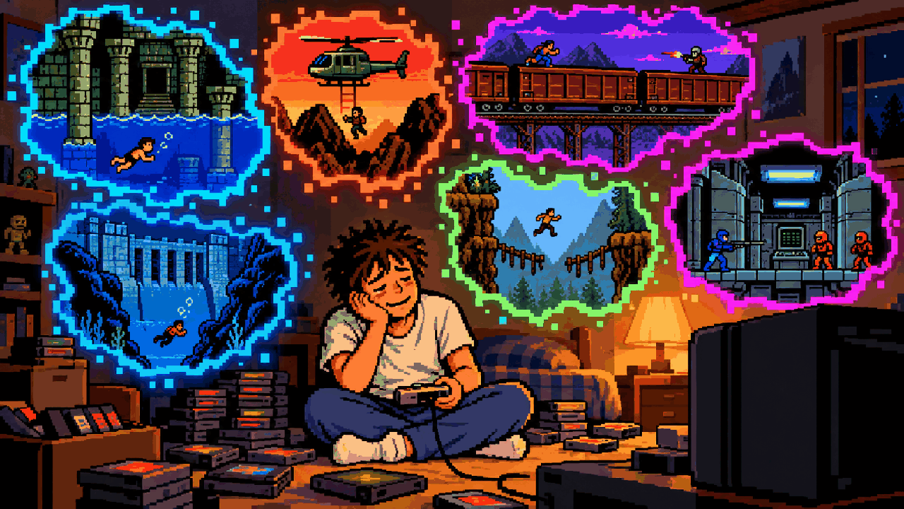 Jogador lembrando varias fases odiadas como portais de memoria em pixel art