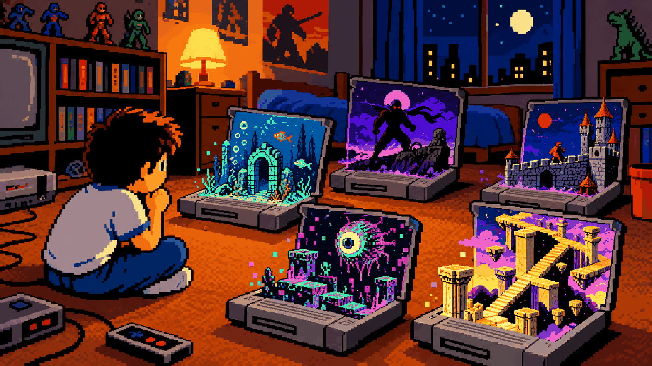 Cartuchos antigos abertos como caixas de mundos secretos em quarto gamer retro
