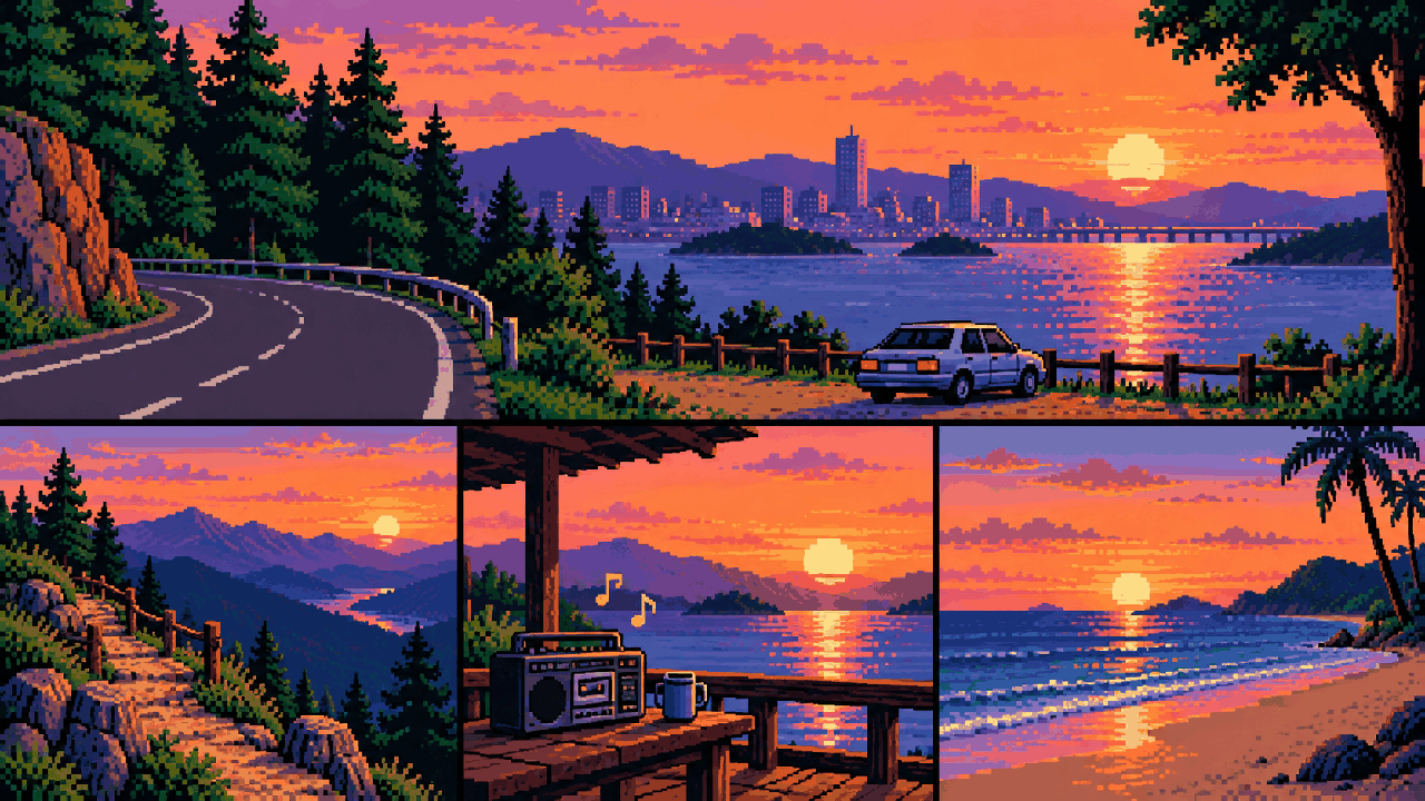 Montagem contemplativa de estrada, floresta, cidade e praia em pixel art