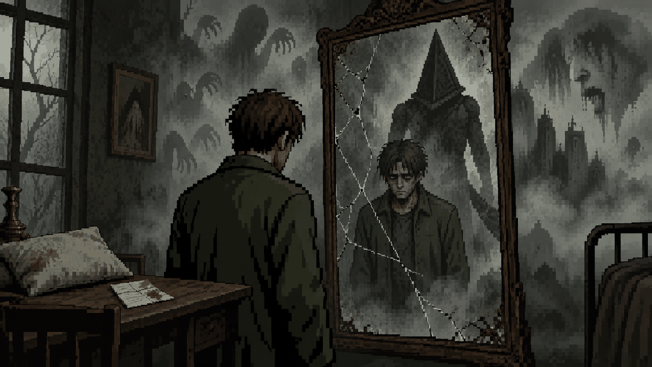 James diante de espelho rachado em Silent Hill 2 em pixel art