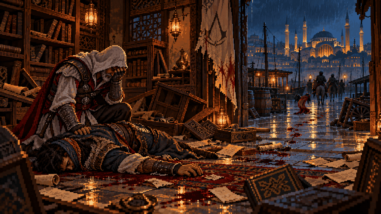 Ezio diante do corpo de Yusuf na livraria atacada