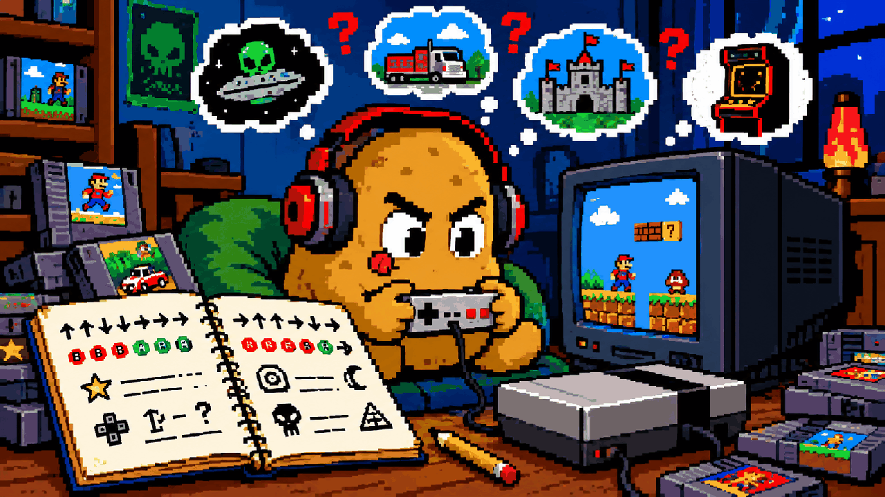 Batata gamer com caderno de códigos absurdos em pixel art
