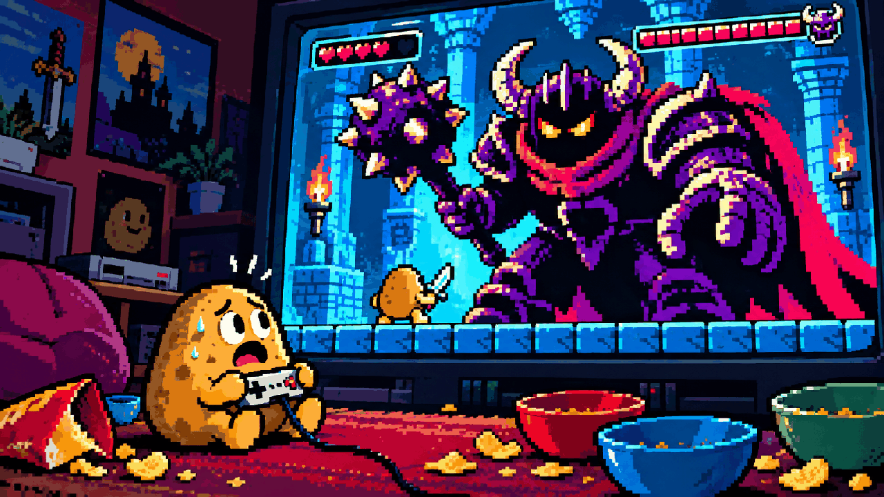 Mascote Batata com controle diante de um enorme chefe em uma sala de arcade em pixel art