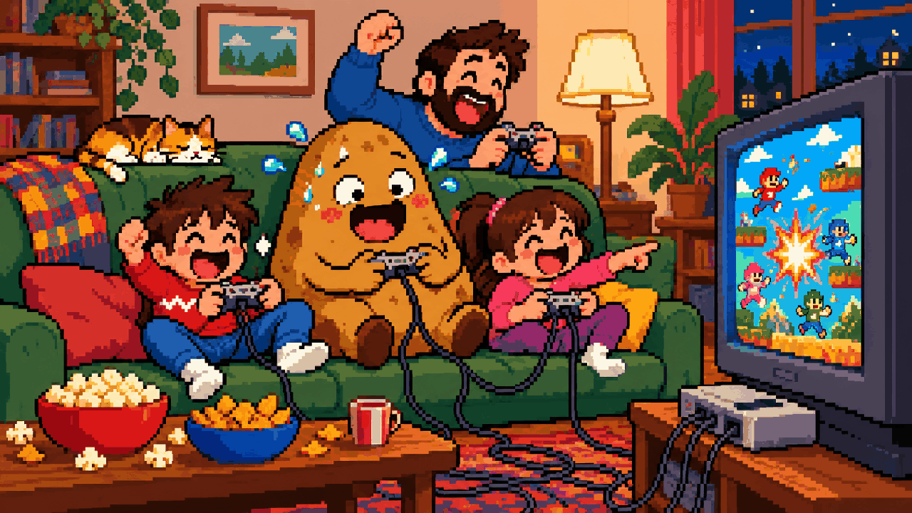Batata jogando coop local com família em pixel art