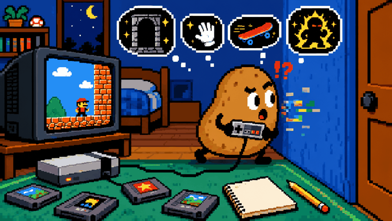 Mascote Batata gamer tentando atravessar parede para testar glitch em quarto retro