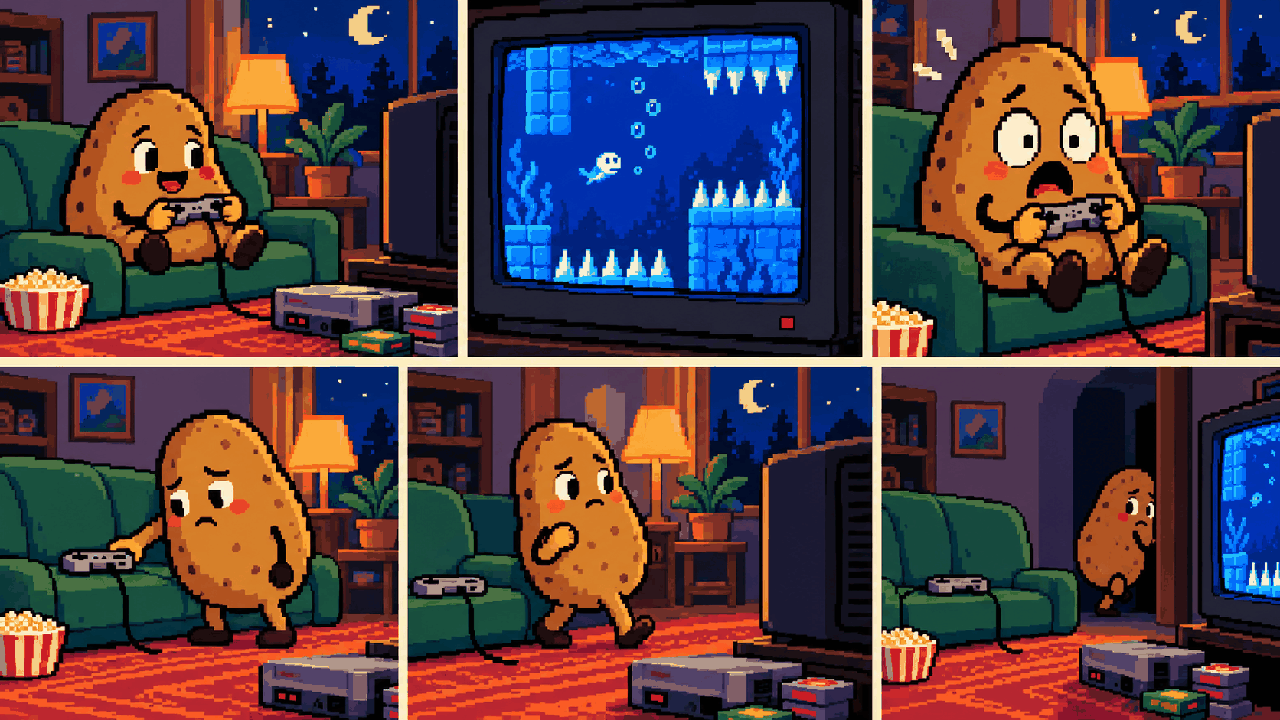 Mascote Batata deixando controle no sofa ao ver uma fase de agua na TV