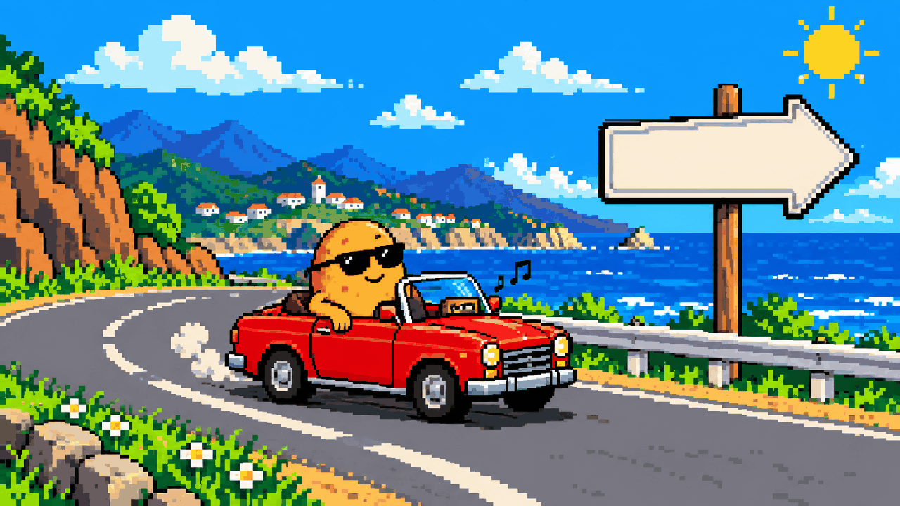 Batata dirigindo tranquilo em estrada com placa em branco em pixel art