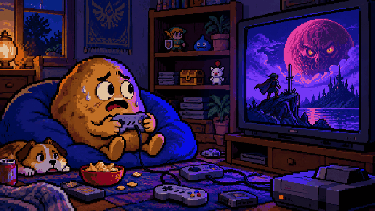 Batata gamer olha preocupado para uma televisão com uma lua enorme e uma espada em pixel art