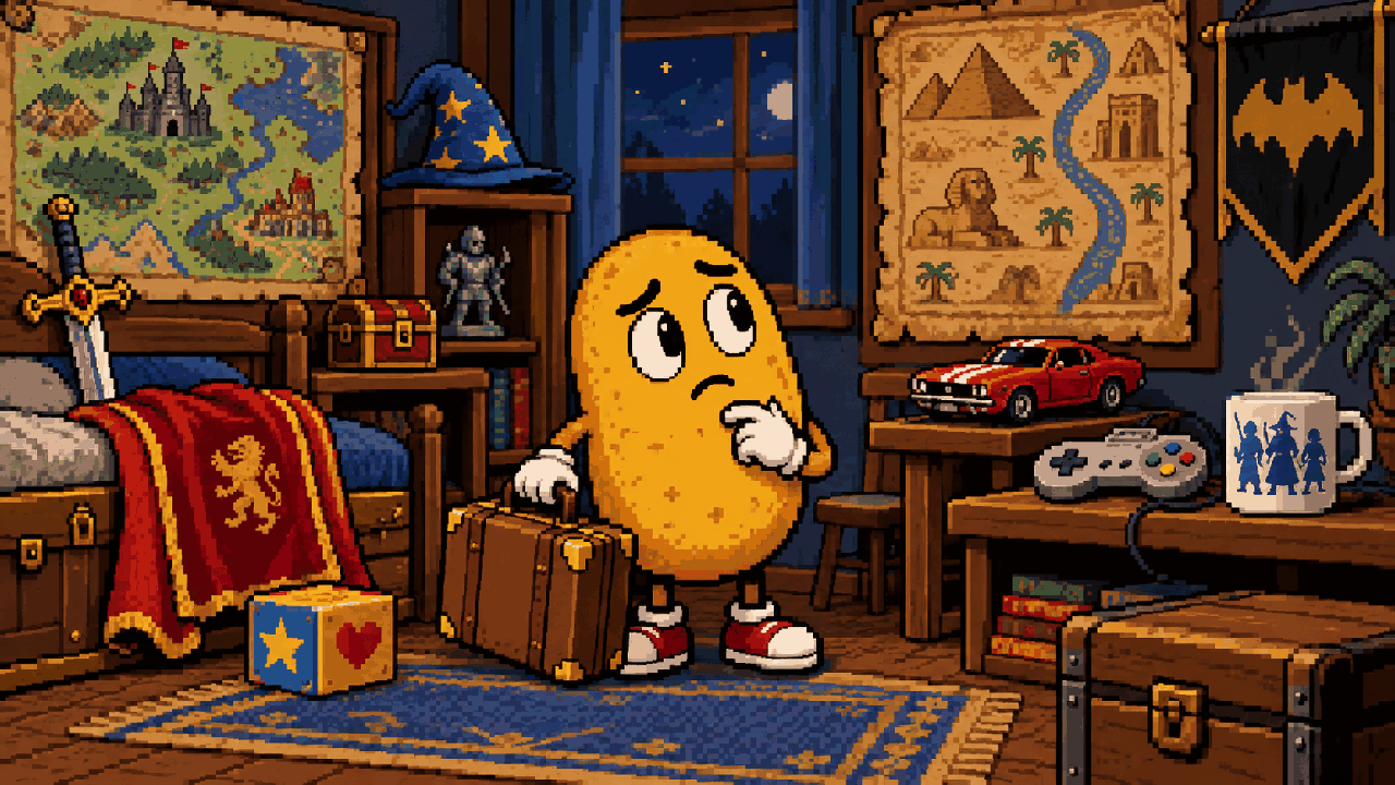 Batata cercado por lembranças de mundos de jogos em pixel art