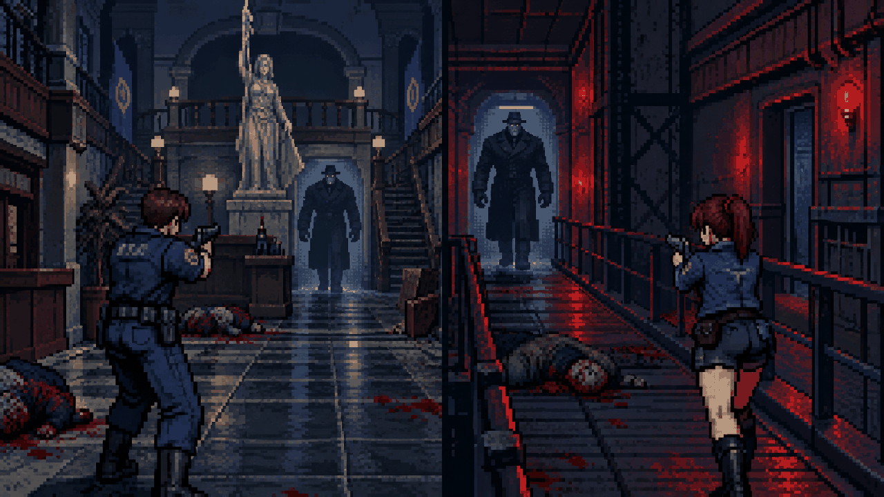 Duas rotas alternativas pela delegacia com o mesmo Tyrant perseguindo os sobreviventes em pixel art